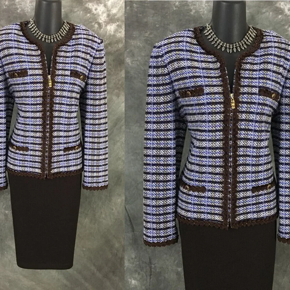 BEAUTIFUL St John collection knit blue brown multi jacket skirt suit size 8 - Picture 2 of 10